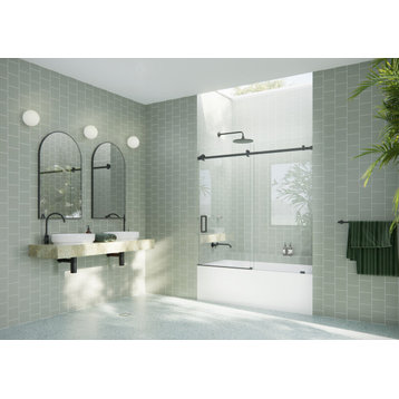 56-60"x60-Frameless Bath Tub Sliding Shower Door Square Hardware, Matte Black