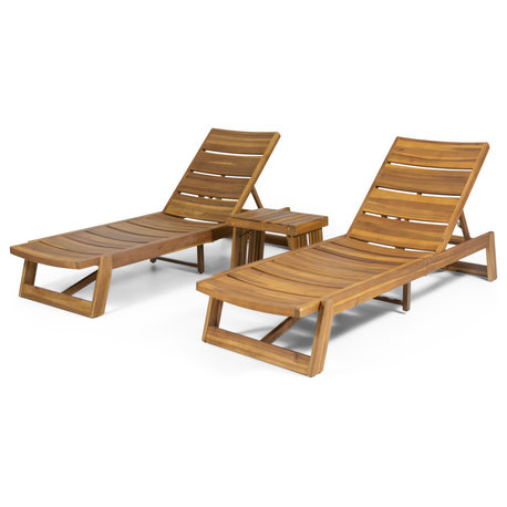 Kalel Outdoor Acacia Wood 3 Piece Chaise Lounge Set