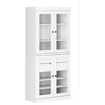 100% Solid Wood Modular Pantry 32"x71.5" With 2-Drawer Kit, Glass Doors, White