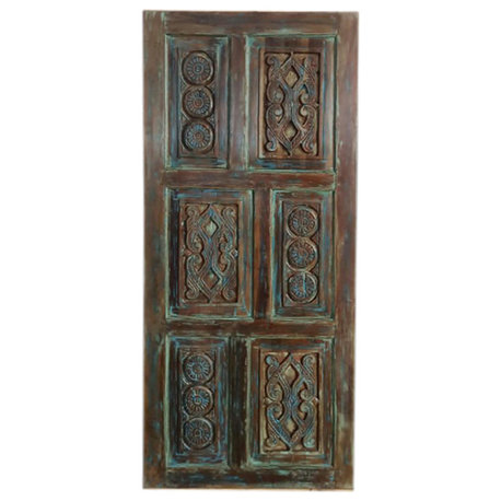 Consigned Hand Carved Sliding Barn Door, Rustic Carved Door Headboard 83