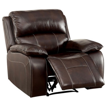 Furniture of America Marta Transitional Top Grain Leather Recliner in Brown