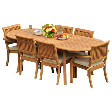 7-Piece Teak Dining Set, 94" Ext Oval, 6 Arbor Stacking Arm/Armless Chairs