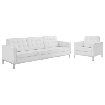 Loft Tufted Upholstered Faux Leather Sofa and Armchair Set Silver White