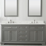 Design Element - Milano Double Vanity, Gray, 72" - Combining classic charms with modern features, the elegant Milano vanity collection by Design Element will instantly transform your bathroom into a work of art. All Milano vanity cabinets are constructed from solid birch hardwood and paired with a 1 inch thick white quartz countertop and backsplash. Soft closing doors and drawers provide smooth and quiet operations, while brushed finished metal hardware provides the perfect finishing touch. Other fine details include white porcelain sinks with overflow, dovetail joint drawer construction, predrilled holes to accommodate 8-inch widespread faucets, and multi-layer paint finish on the cabinets provide beauty and durability for years to come.