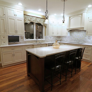 Idéer för stora vintage kök, med en undermonterad diskho, luckor med profilerade fronter, vita skåp, bänkskiva i kvarts, grått stänkskydd, stänkskydd i keramik, rostfria vitvaror, mörkt trägolv, en köksö och rött golv