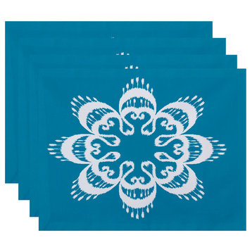 18"x14" Ikat Mandala, Geometric Print Placemat, Turquoise, Set of 4