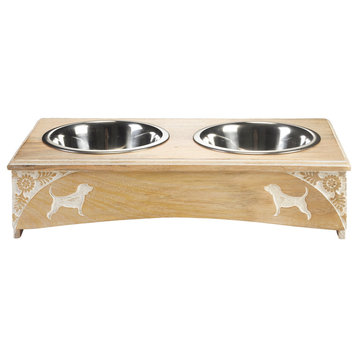 Handmade Floral and Dogs Engraved Mango Wood Elevated Double Pet Feeder