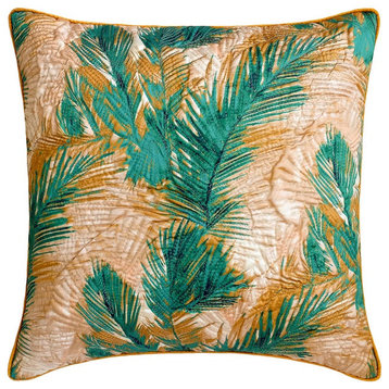 Green Satin Quilted & Floral 26"x26" Euro Sham - Arecaceae