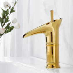 Copper Hot And Cold Washbasin, Single Hole Faucet, Bathroom Cabinet,Golden Waterfall Faucet F0140G - Bathroom Sink Faucets