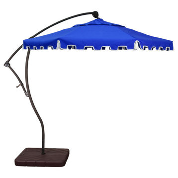 9' Greek Key Cantilever Patio Umbrella With 360 Tilt and Tassels, Pacific Blue