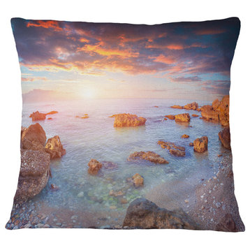 Sunrise On South Coast of Sicily Seashore Photo Throw Pillow, 18"x18"
