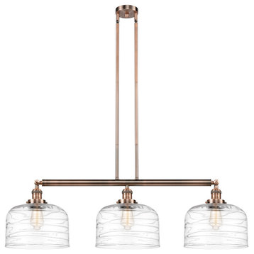 X-Large Bell 3 Light Island Light, Antique Copper, Clear Deco Swirl