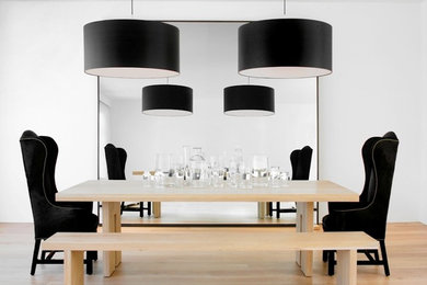 Inspiration for a modern medium tone wood floor dining room remodel in San Francisco with white walls
