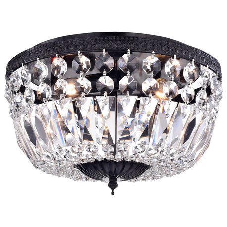 3-Light Bowl Style Crystal Basket Black Flush Mount Chandelier