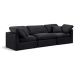 Meridian Furniture - Indulge Upholstered Modular Sofa, Black, 3-Piece: 1 Armless Chair, 2 Corner Chair, Down Stuffed Velvet - Experience ultimate comfort and style with our black velvet Indulge Sofa. The luxurious velvet will elevate the aesthetic of any room. This sofa provides ample space for you to relax while its modular build offers the option of unlimited configurations. Whether you're looking to add a stylish element to your living room or a comfortable seating option to your bedroom, this sofa is the perfect choice.