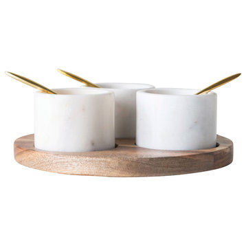 Round Acacia Wood Board With Marble Pinch Pots and Spoons, 7-Piece Set