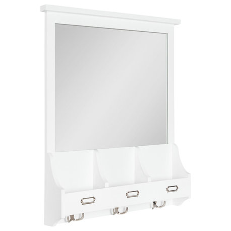 Stallard Wood Wall Mirror with Hooks, White 24x24