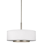 Generation Lighting Collection - Nance 3-Light Pendant, Brushed Nickel - The mid-century inspired Nance lighting collection by Sea Gull Lighting is a versatile transitional design which fits in a wide array of traditional or contemporary settings. The tapered, off-white, faux silk shades add warmth and sophistication. The large pendant and semi-flush faux silk drum shades are complemented nicely with Satin Etched Opal glass diffusers to soften the downlight. In either of the available Brushed Nickel or Heirloom Bronze finishes, all the Nance fixtures are timeless additions to any foyer, kitchen or dining area. The assortment includes three- five- and nine-light chandeliers; a one-light wall sconce; two- and three-light bath vanities and a two-light semi-flush convertible drum pendant. Incandescent and ENERGY STAR-qualified LED lamping are available; all fixtures are California Title 24 compliant.