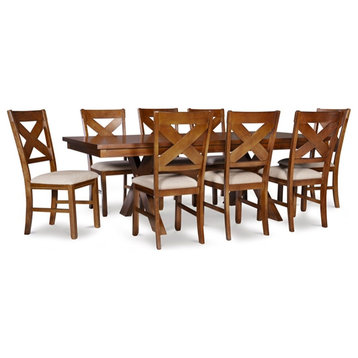 Linon Kraven 9 Piece Wood Dining Set X-Back Padded Seats in Dark Hazelnut Brown