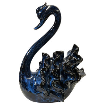 Ceramic Clay Navy Blue Wave Ribbon Feather Swan Art Figure Hws3102