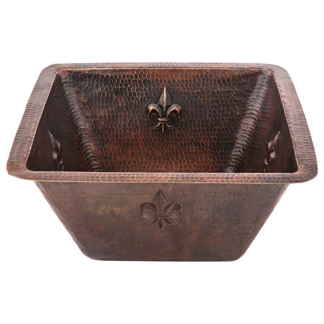 15" Square Fleur De Lis Copper Bar/Prep Sink With  2" Drain Size, 2"