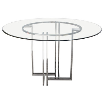54" Steel Base Round Dining Table Clear Tempered Glass Top