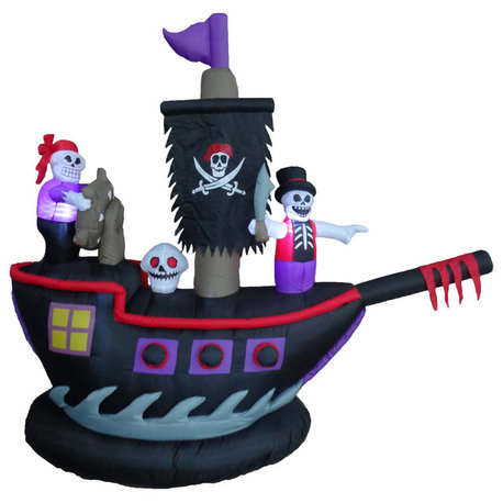 Halloween Inflatable Pirate Ship With Skeleton, 7' Long