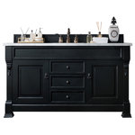 James Martin Vanities - Brookfield 60" Single Vanity, Antique Black w/ 3CM Arctic Fall Solid Surface Top - The Brookfield 60" Antique Black single vanity by James Martin Vanities features hand carved accenting filigrees and raised panel doors. Two doors on either side, open to shelves for storage below. Three center drawers, made up of a lower double-height drawer and both middle and top short-length standard drawers, offer additional storage space. Antique brass finish door and drawer pulls. Matching wood backsplash is included. The look is completed with a 3cm eased edge Arctic Fall Solid Surface top with a white porcelain rectangular sink.