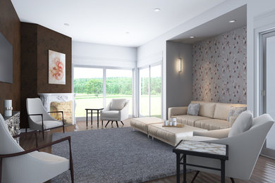 Inspiration for a mid-sized modern open concept light wood floor family room remodel in Other with white walls, a corner fireplace, a wood fireplace surround and a wall-mounted tv