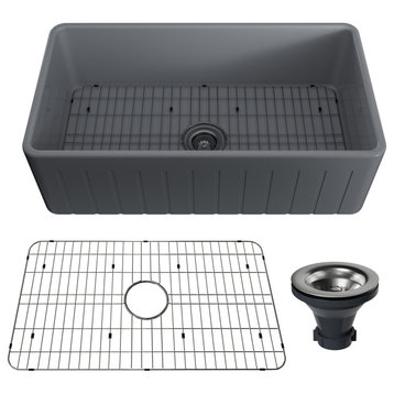33in Single Bowl Fireclay Farmhouse Apron Kitchen Sink with Grid and Drainer, Matte Gray