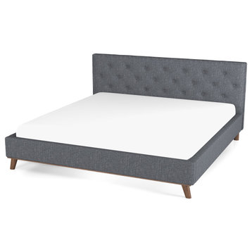 Myler Mid-Century Modern Solid Wood Tufted Dark Grey Fabric Platform Bed, King