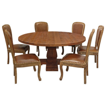 Benedict 7-piece Dining Set With 70" Round Dining Table 6 Genuine Leather Chairs