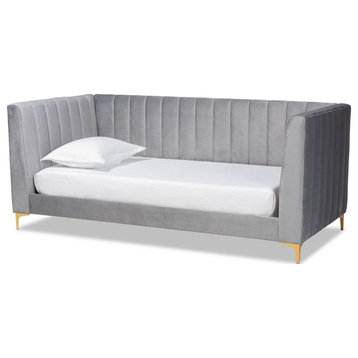 Taryn Modern Luxe Light Gray Velvet Fabric and Gold Twin Daybed