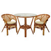 3-Piece Pelangi Dining Rattan Wicker Armchairs/Round Table Glass Top, Colonial