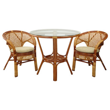 3-Piece Pelangi Dining Rattan Wicker Armchairs/Round Table Glass Top, Colonial