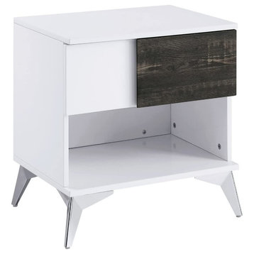 Mid Century End Table, Open Shelf & Storage Drawer, White & Distressed Dark Oak