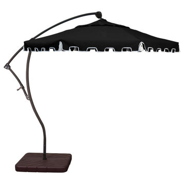 9' Greek Key Cantilever Patio Umbrella With 360 Tilt and Tassels, Black