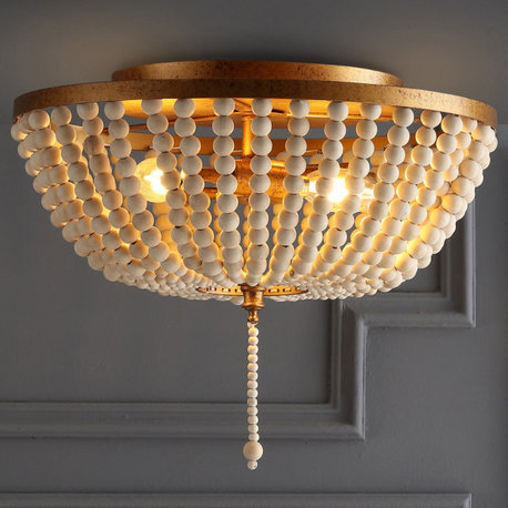 Allison Wood Beaded LED Flush Mount, Antique Gold, Cream, 15", Antique Gold