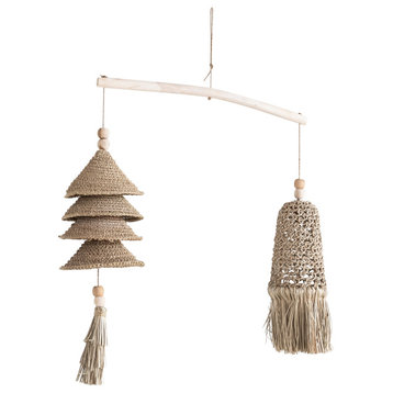 31.5 Inches Wood and Hand-Woven Seagrass and Rattan Wall Hanging, Natural