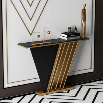 Black Rectangular Console Table Stone Top Entryrway Table