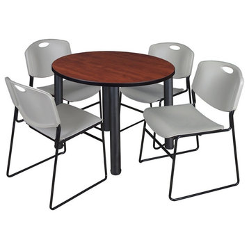 Kee 36" Round Breakroom Table, Cherry/Black and 4 Zeng Stack Chairs, Gray