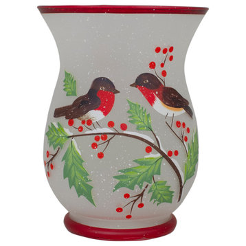 8-Inch Hand Painted Finches and Pine Flameless Glass Candle Holder