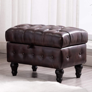 Rectangular Storage Ottoman, Button Tufted Velvet Upholstery Footstool, Light Br