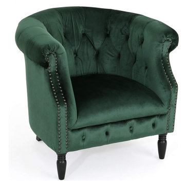 Classic Accent Chair, Padded Seat With Curved Back and Studded Arms, Emerald