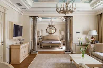 Photo of a traditional master bedroom in Moscow with white walls and carpet.