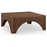 Meridian Furniture - Eloise Oak Veneer Coffee Table, Brown, Wood - Introducing a striking addition to modern living spaces, the Eloise brown oak veneeer coffee table brings a bold and architectural presence. Its sleek, square top is complemented by textured vertical detailing along the sides, adding depth and visual intrigue. The arched cutouts at the base create a sculptural look, creating a statement while offering ample surface space for decor or everyday essentials, perfect for contemporary or minimalist interiors.