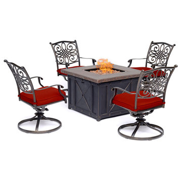 Traditions 5-Piece Fire Pit Chat Set, Blue With 4 Swivel Rockers, Red/Bronze