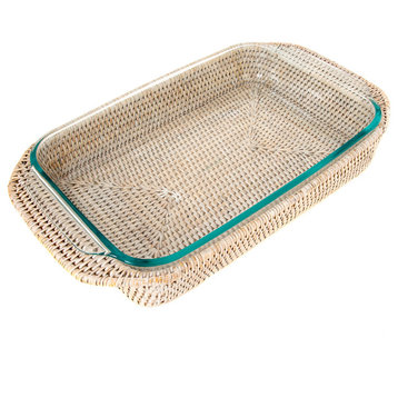 Artifacts Rattan™ Rectangular Baker Basket with Pyrex, White Wash, 13"x9"