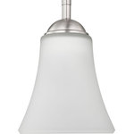 Progress Lighting - Classic Collection Brushed Nickel 1-Light Mini-Pendant - You'll absolutely love the angelic demeanor of this mini-pendant. An otherworldly etched glass bell-shaped shade is the focus of this lighting design. The shade hangs from a beautiful brushed nickel light base that is held in place by a delicate stem.