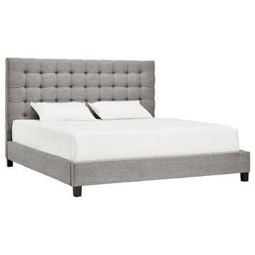 Andrian Button Tufted Linen Upholstered Panel Bed, Grey, King